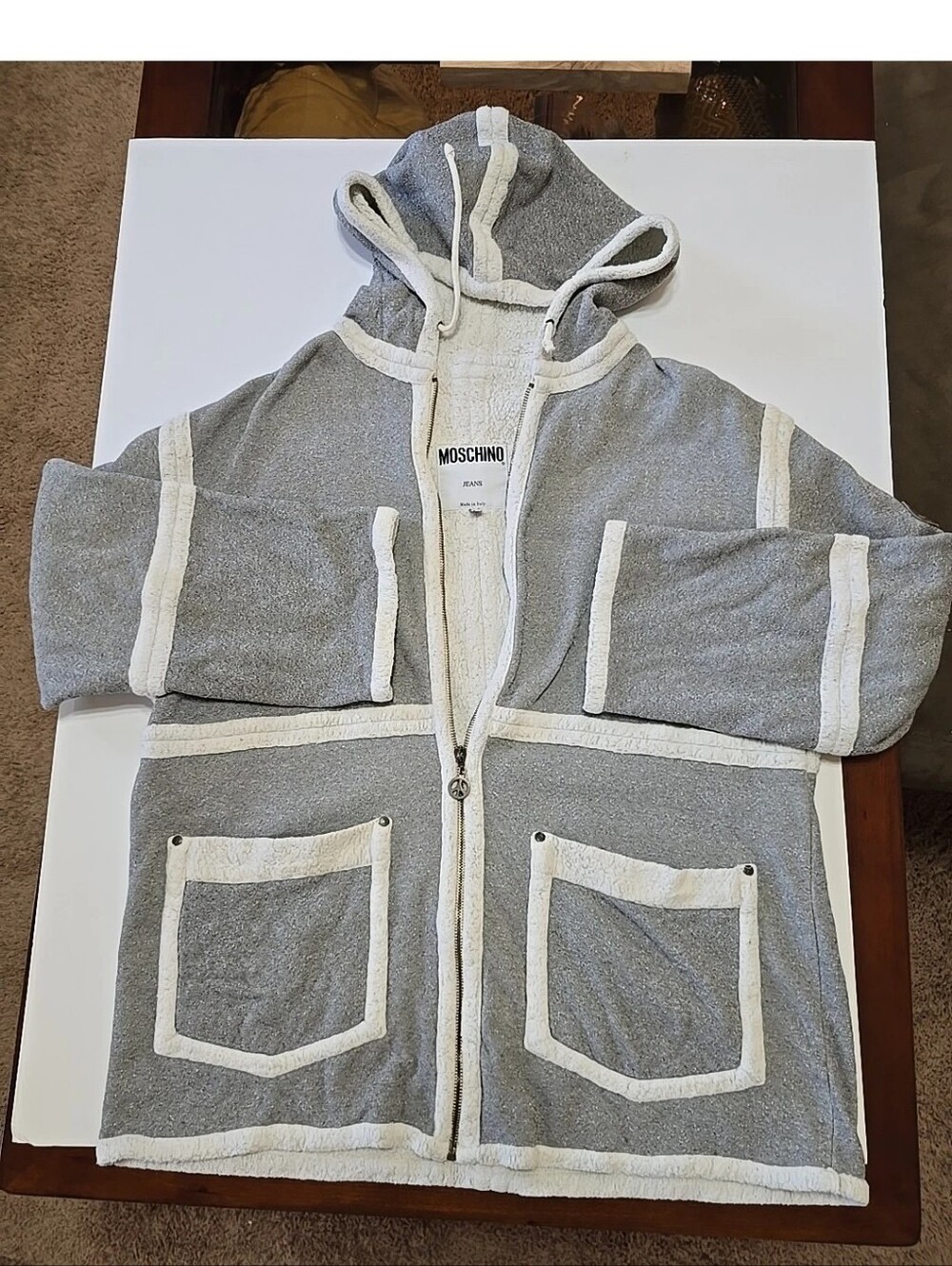 Moschino Womens Grey Sherpa HoodieZip Jacket with Cream Trim Accents Size 10